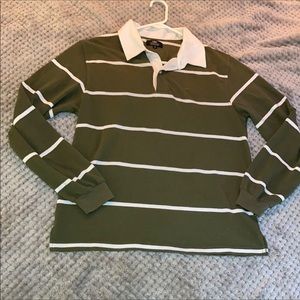 Long Sleeved Collared Army Green and White Striped Cuffed Polo Shirt